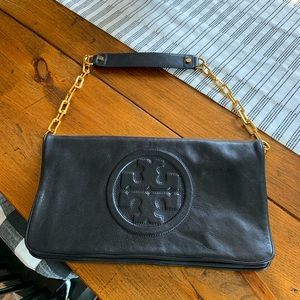 Black Tory Burch Clutch with removable gold chain